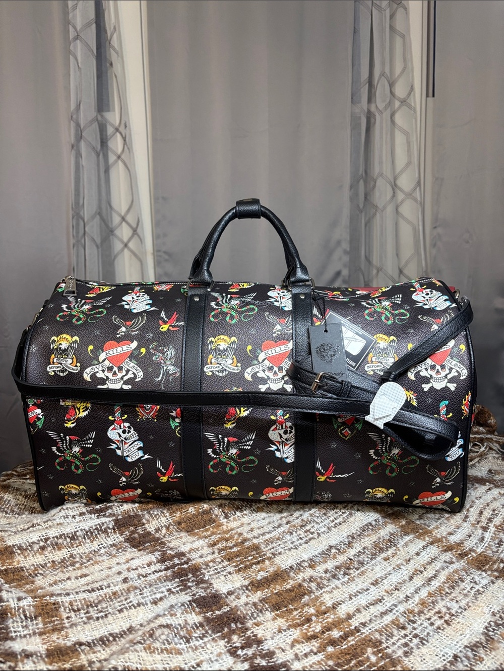 Ed Hardy Black Printed Tattoo-Style Weekender Duffel Bag 19x10x10in